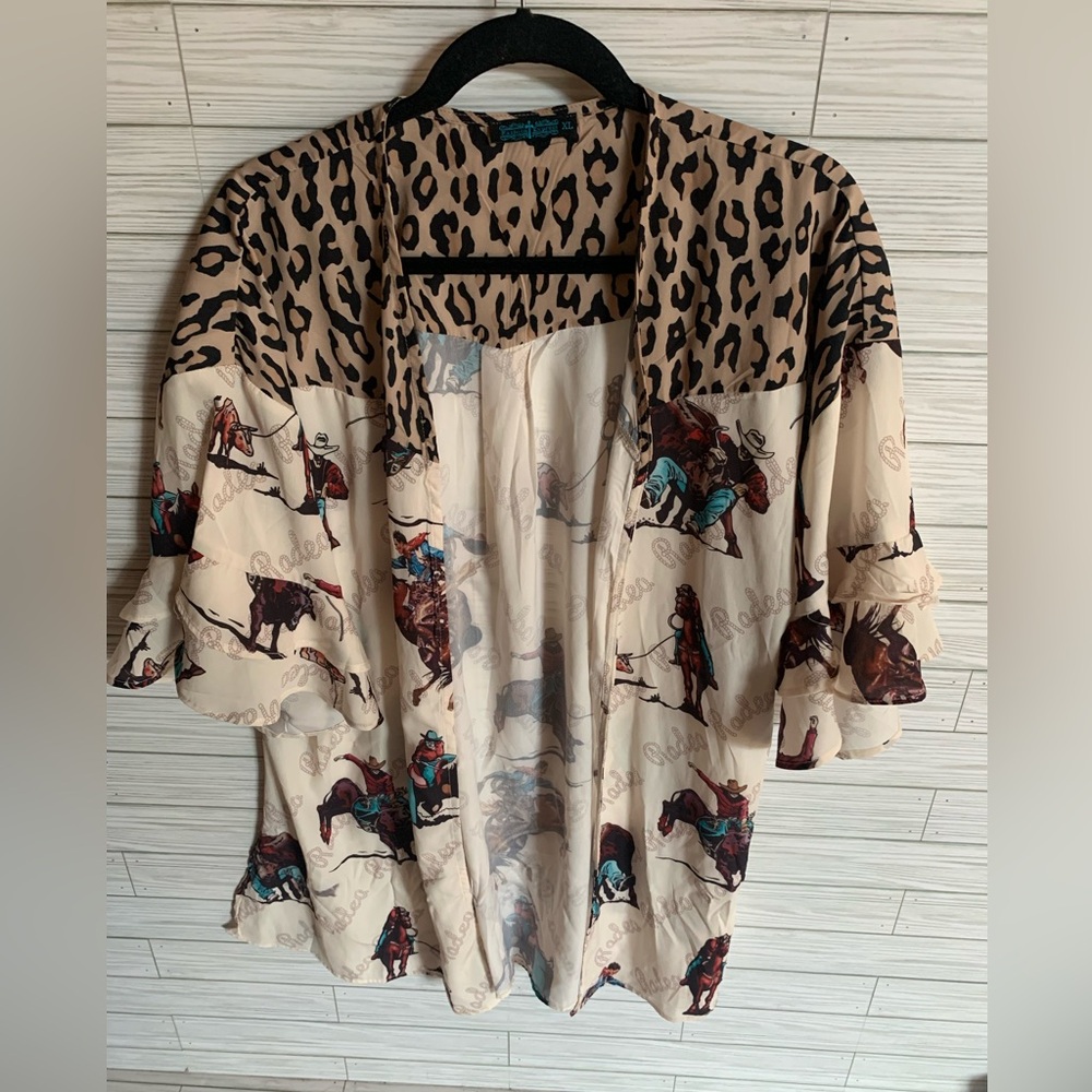 Fashion express Leopard Trim Cream Western-Print Women's Kimono duster